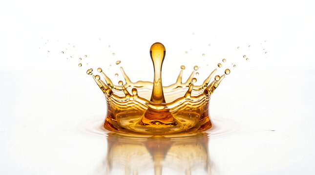 A symmetrical amber liquid splash with a central droplet captured in high-speed photography against a clean white background