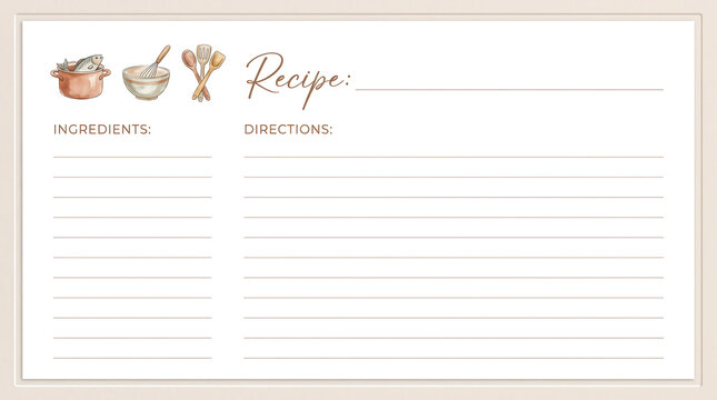 Minimalist recipe card template with watercolor kitchen utensils on a beige background for meal planning and culinary organization