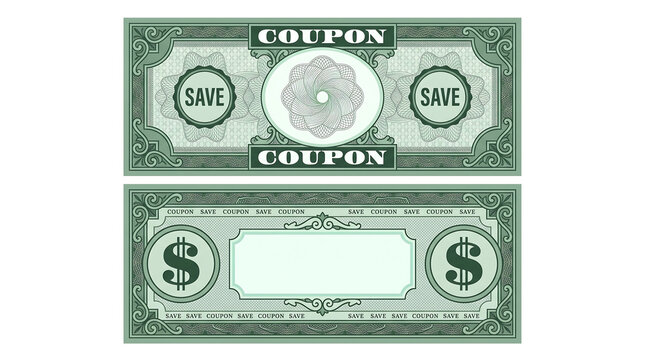Green ornate coupons with guilloche patterns and dollar signs in a symmetrical flat design for promotional marketing materials
