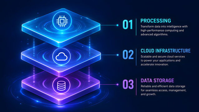 Cloud infrastructure and data storage infographic with 3D glowing platforms for technology processing and digital network services.