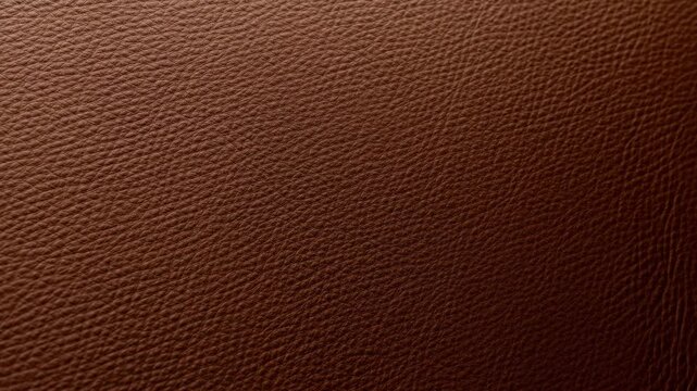 Brown leather texture fills the frame with fine pebbled grain and subtle tonal shading. Fashion design, upholstery presentation, and luxury branding.