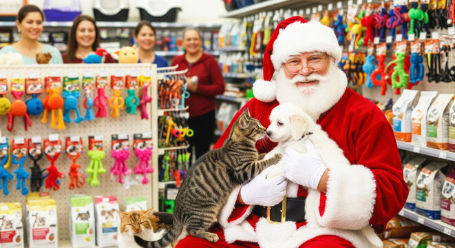 Man dressed as Santa holding a kitten and a puppy in a pet shop. Christmas pet adoption or holiday shopping concept.