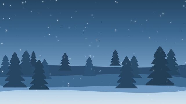 Winter landscape at night with snowy pine trees and falling snow in a flat digital illustration style