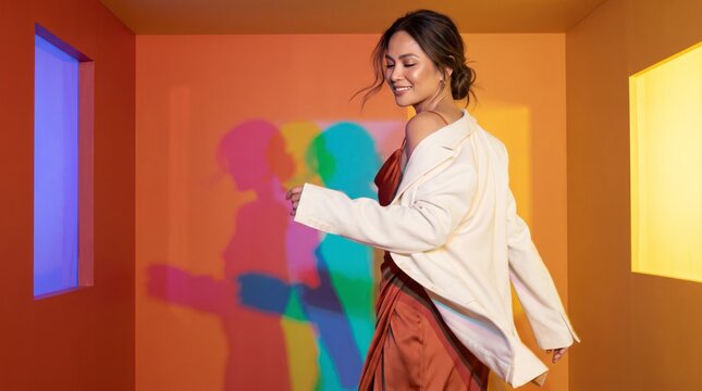 Poised woman in terracotta satin dress and ivory blazer turning in orange room with colorful shadows