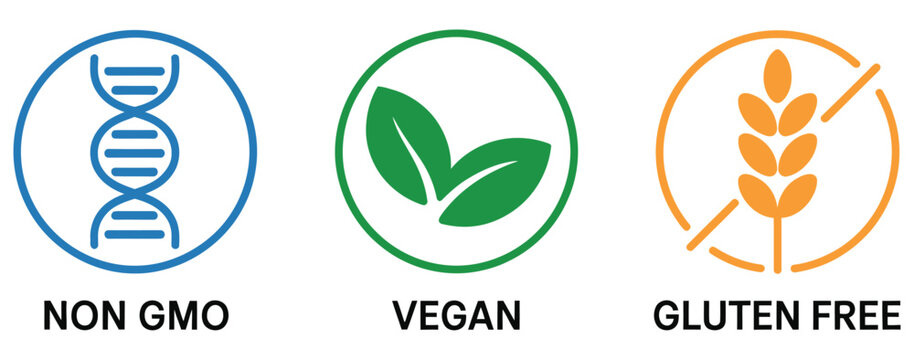 Vegan Non GMO Gluten Free Icons featuring Clean Nutrition Symbols for Plant Based Foods, Dietary Restrictions, Organic Packaging, and Health Product Design
