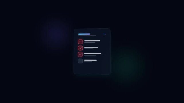 Futuristic Checklist Interface Animation. Futuristic digital checklist animation with glowing red checkmarks and minimalist user interface element on dark backdrop