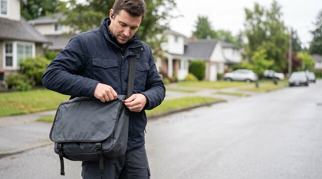 Man in dark jacket zipping messenger bag on suburban street with houses and cars