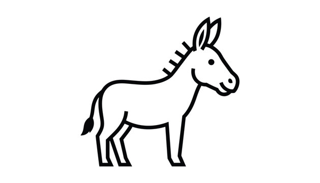 Simple black and white line art vector illustration of a standing donkey, suitable for educational or logo design.