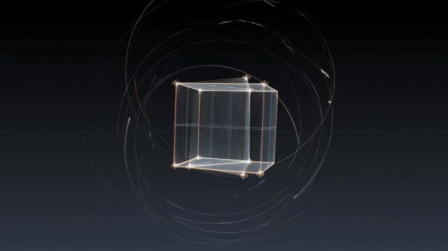 Rotating wireframe cube with orbiting light trails in dark digital space. Technology presentations, data science explainers, and software introductions.