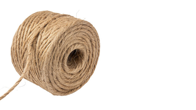 A compact roll of natural brown jute twine rope cord isolated on transparent background