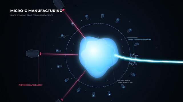 Futuristic HUD animation of microgravity manufacturing in the space economy era featuring zero gravity optics production photonic shaping arrays and ZBLAN fiber extrusion zones