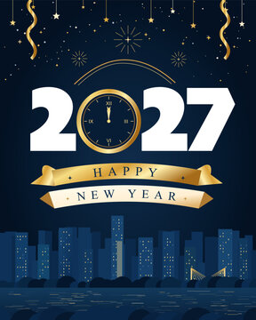 Happy New Year 2027 celebration poster with bold white typography, golden clock, festive ribbon, fireworks and blue city skyline at midnight. Concept of countdown, holiday greetings and new beginnings