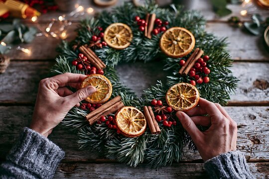Top view of hands making a traditional Christmas wreath with dried orange slices, cinnamon sticks and berries on a wooden background