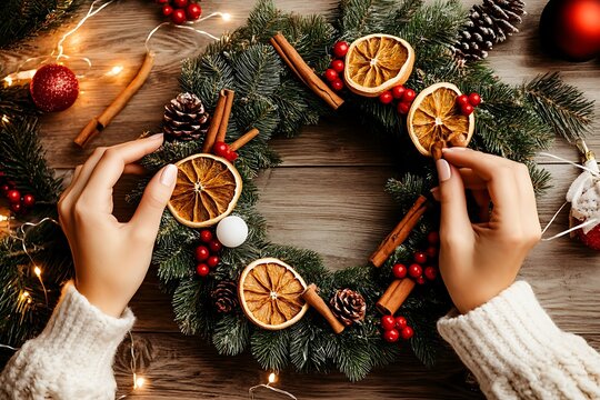 Top view of hands making a traditional Christmas wreath with dried orange slices, cinnamon sticks and berries on a wooden background
