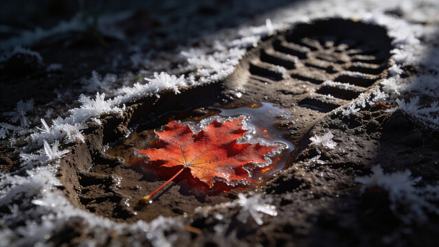 A human boot print in frozen mud holding a vibrant red maple leaf in icy water, capturing the poetic trace of person and autumn frost.