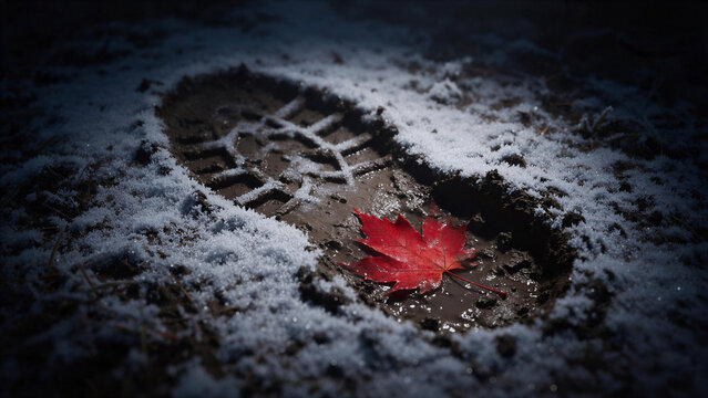 Cinematic shot of a human boot mark in frosted soil containing a solitary red maple leaf, expressing the quiet transition of human and autumn.