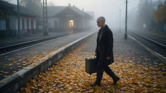 A young woman with a buzz cut walking with her suitcase across a leaf-covered train platform in fog, portraying person and autumn farewell.
