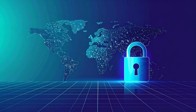 Cyber security concept with a glowing padlock and digital world map on abstract futuristic background