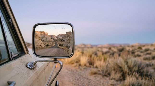 Desert Road Reflected in a Vehicle Mirror