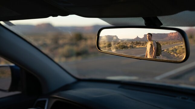 Desert Landscape Reflected in a Vehicle Side Mirror
