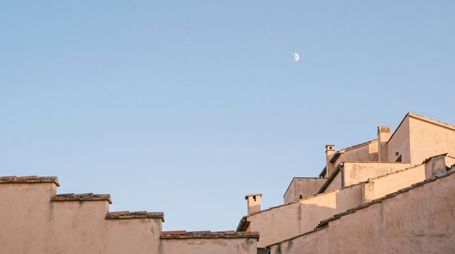 Pastel Rooftops Beneath a Blue Sky and Moon