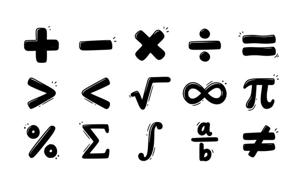 Hand drawn math symbol vector doodle set with cute educational science and mathematics icons for school kids