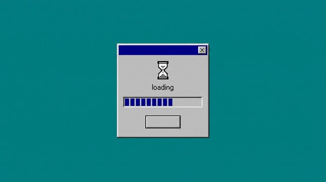 Retro computer loading interface displaying pixelated progress bar against teal desktop wallpaper background