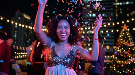 Fototapeta premium Woman celebrating with confetti at nighttime rooftop party