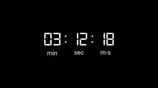 3 minute 30 seconds Countdown Digital Timer Animation, three minute thirty seconds Countdown Timer Animation from 3 minute 30 second to 0 second on black background.