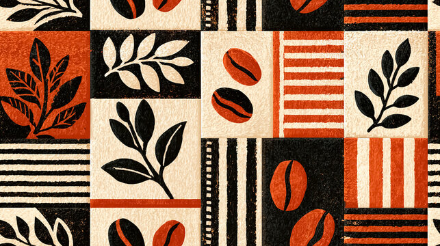 African  seamless pattern with traditional ethnic ornaments and coffee beans and branches