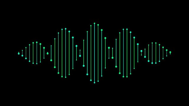 Abstract digital sound wave equalizer animation with pulsing blue and green neon lines on a black background. Audio visualization represents music or sound signals.