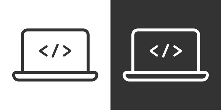 プログラミングコード入りノートパソコンアイコン（画面中央にHTML風のコード記号を配置した白黒線画ベクター素材）