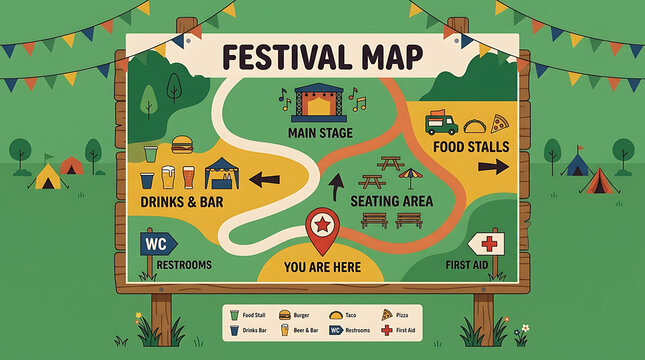Illustrated festival map sign on a wooden board standing in a green park