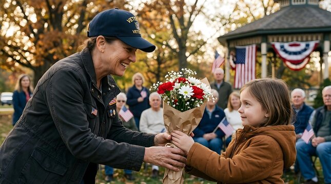 Young Girl Presents Flowers to a Smiling Veteran During an Outdoor Community Remembrance Ceremony in Autumn