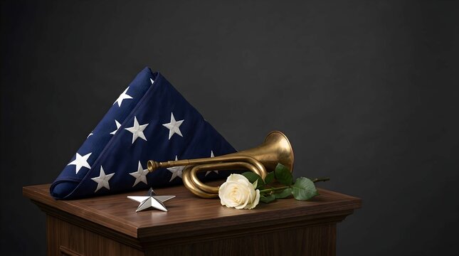 Memorial Tribute with Folded American Flag and Brass Bugle for Veterans Day Commemoration