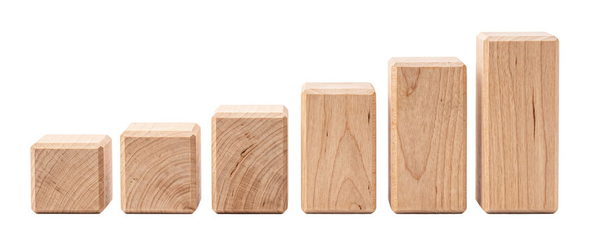 Wooden blocks growth chart graph arranged in ascending order on black background representing business success, financial progress, career development, step by step strategy and economic performance