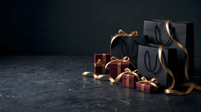 Luxury Burgundy and Black Gift Set with Golden Ribbon Accents for Elegant Holiday Shopping and Premium Retail Celebration Background