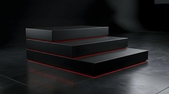 Minimalist Three Tiered Black Podium with Red Glowing Accents for Modern Product Showcase and Luxury Presentation Platform