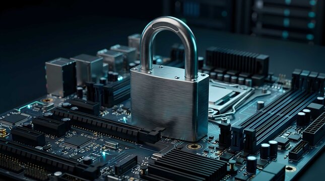 Cybersecurity Concept Featuring a Metallic Padlock Placed Securely on a High Performance Computer Motherboard for Digital Data Protection