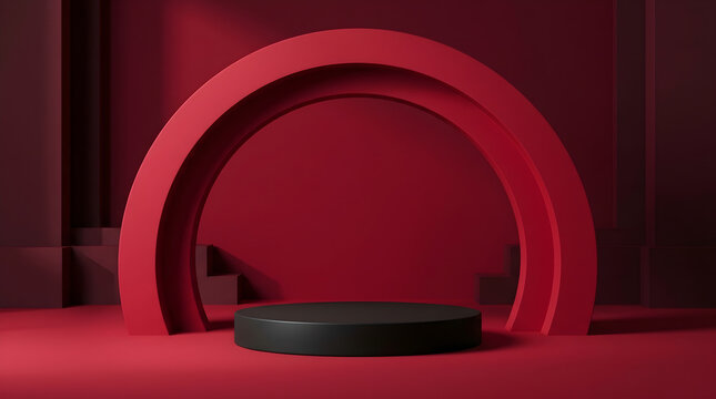 Elegant Black Circular Display Pedestal Centered Within A Minimalist Crimson Red Archway For Luxury Product Showcase