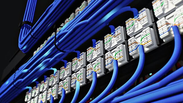 Blue Ethernet Cables and Patch Panel with Animated Data Flow