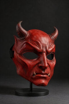 Red theatrical devil mask displayed on a black stand
