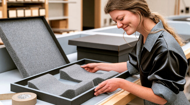 Archivist placing foam supports into artifact storage tray at conservation bench in Creative Studio Setting