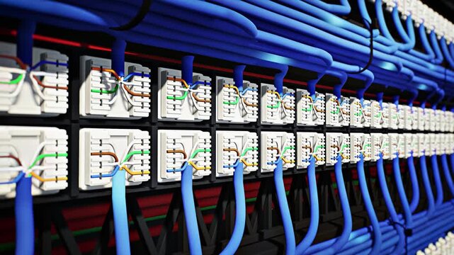 Ethernet Patch Panel Terminations with Blue Cables and Data Pulses