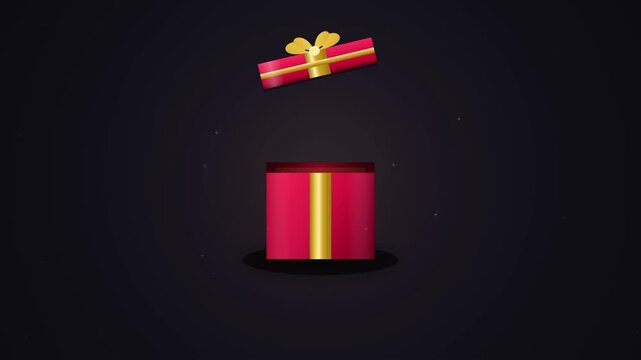 Animated red Christmas gift box opening with colorful confetti explosion on dark background