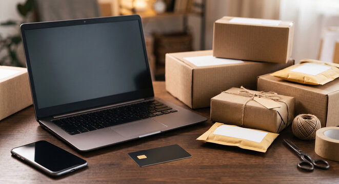 Laptop with blank screen beside cardboard parcels, padded envelopes, smartphone, twine, tape and scissors on a home packing desk