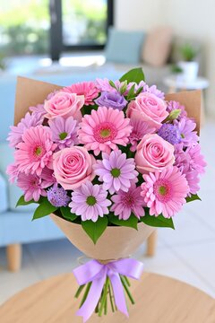 A lovely bouquet of pink and purple flowers arranged in a paper wrap.