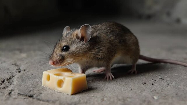 A small mouse nibbling on a piece of cheese, with a rough, textured background