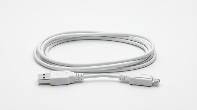 White universal serial bus micro charging connection cable cord with durable plug connector lying isolated against clean bright studio background for mobile electronic device power and transfer