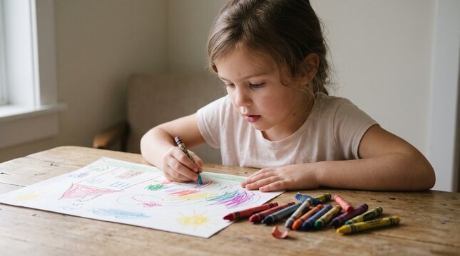 Young girl focused on drawing a colorful picture with crayons at a wooden table